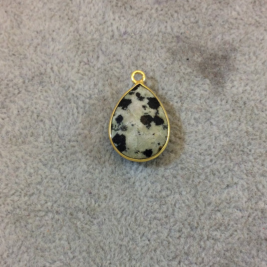 Gold Plated Natural Dalmatian Jasper Faceted Pear/Teardrop Shaped Copper Bezel Pendant - Measures 13mm x 18mm - Sold Individually, Random