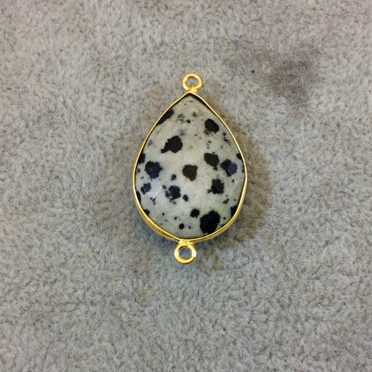 Gold Plated Natural Dalmatian Jasper Faceted Pear/Teardrop Shaped Copper Bezel Connector - Measures 18mm x 24mm - Sold Individually, Random