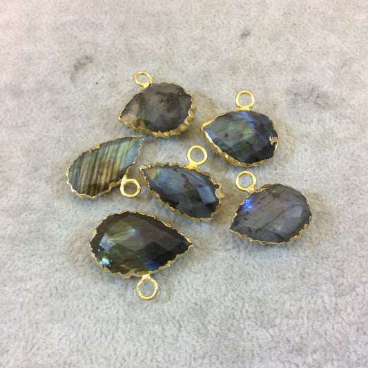 Gold Electroplated Natural Labradorite Sideways Serrated Tear Pendant - Measuring 22mm x 13mm, Approx. - Sold Individually, Chosen Randomly