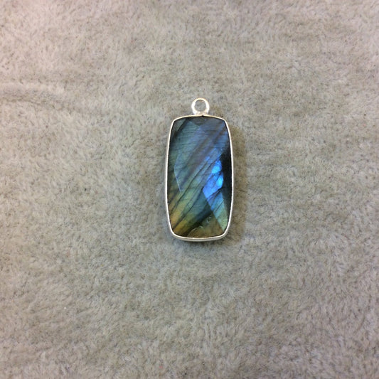 Silver Plated Faceted Natural Labradorite Rectangle/Bar Shaped Bezel Pendant - Measuring 12mm x 24mm - Sold Individually, Chosen Randomly