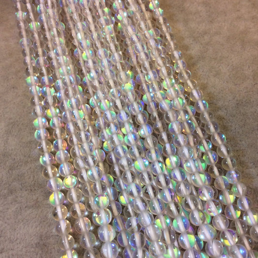 6mm Smooth Transparent Clear/White Round/Ball Shaped Synthetic Glass Moonstone Beads - 15.25" Strand (Approx. 71 Beads) - Manmade Gemstone