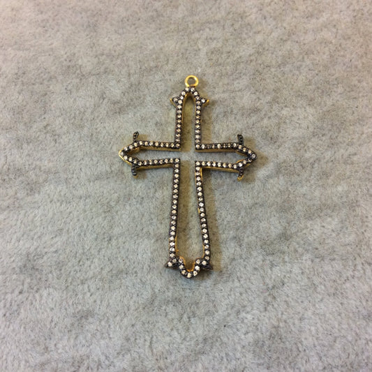 Medium Oxidized Gold Plated CZ Cubic Zirconia Inlaid Open Fancy Cross Shaped Copper Focal Pendant - Measuring 31mm x 40mm, Approximately