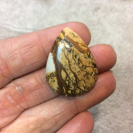 OOAK Natural Picture Jasper Pear/Teardrop Shaped Flat Back Cabochon - Measuring 25mm x 33mm, 6mm Dome Height - High Quality Gemstone Cab