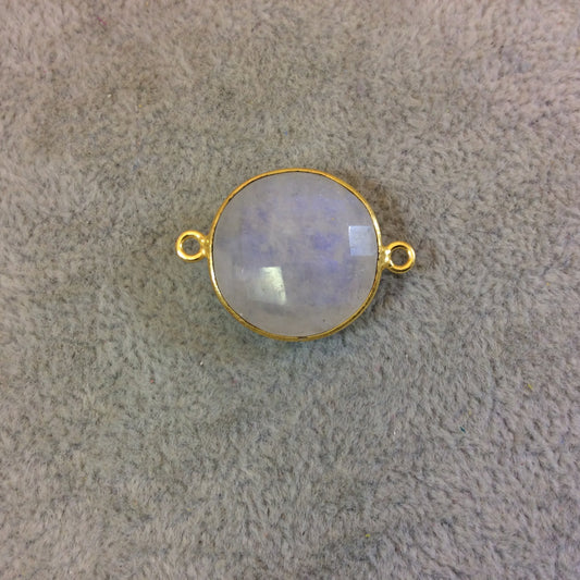 Gold Plated Natural Moonstone Faceted Round/Coin Shaped Copper Bezel Connector - Measures 18mm x 18mm - Sold Individually, Randomly Chosen