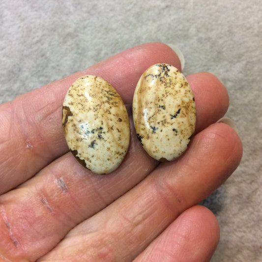 OOAK Matching Pair of Natural Picture Jasper Oval Shaped Flat Back Cabochons - Measuring 16mm x 25mm, 5mm Dome Height - Quality Gemstone