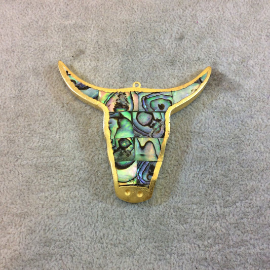 Flat Gold Electroplated Natural Rainbow Abalone Steer Skull Shaped Focal Pendant - Measuring 70mm x 63mm, Approximately - Sold Individually