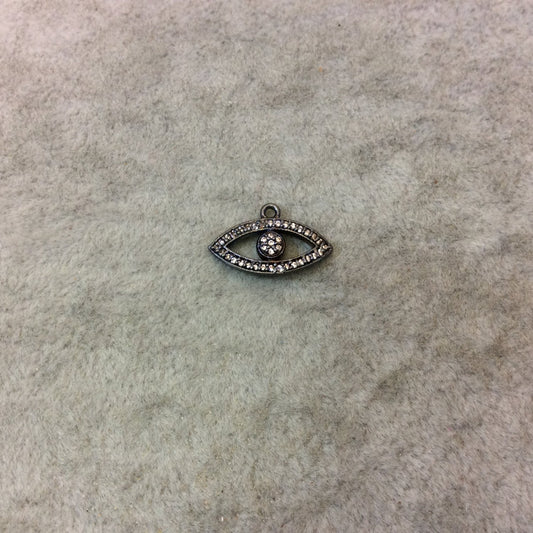 Small Oxidized Gunmetal Plated CZ Cubic Zirconia Inlaid Open Evil Eye Shaped Copper Focal Pendant - Measuring 18mm x 8mm, Approximately