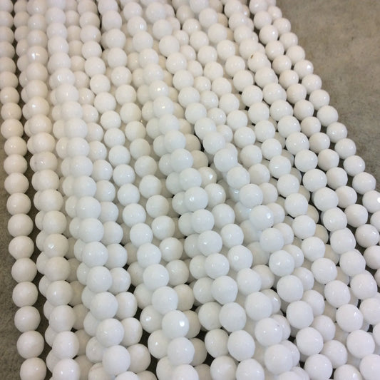 6mm Faceted Dyed Opaque White Natural Jade Round/Ball Shaped Beads with 1mm Beading Holes - Sold by 14.5" Strands (Approximately 60 Beads)