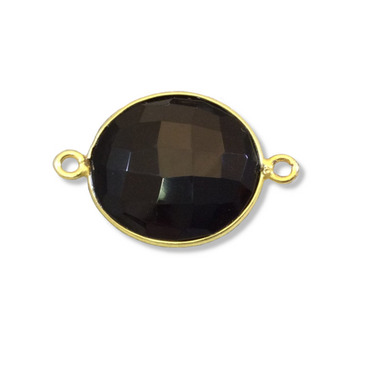 Gold Plated Faceted Hydro (Lab Created) Jet Black Onyx Round/Coin Shaped Bezel Connector - Measuring 18mm x 18mm - Sold Individually