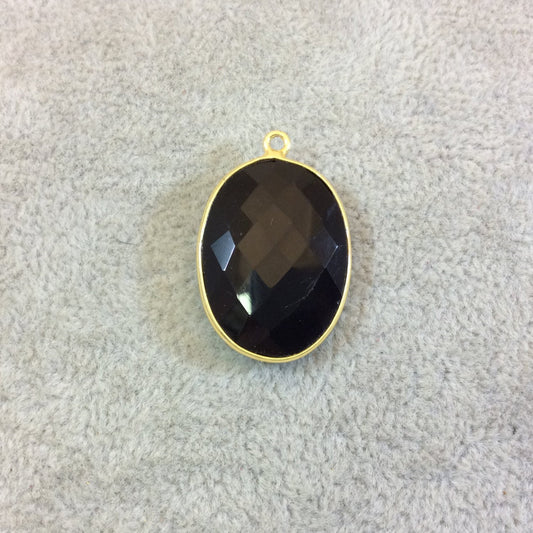 Gold Plated Faceted Hydro (Lab Created) Jet Black Onyx Oblong Oval Shaped Bezel Pendant - Measuring 18mm x 25mm - Sold Individually