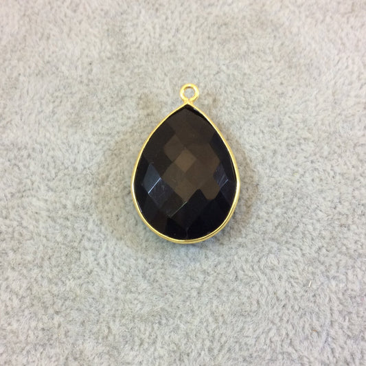 Gold Plated Faceted Hydro (Lab Created) Jet Black Onyx Pear/Teardrop Shaped Bezel Pendant - Measuring 18mm x 25mm - Sold Individually