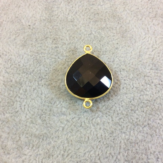Gold Plated Faceted Hydro (Lab Created) Jet Black Onyx Heart/Teardrop Shaped Bezel Connector - Measuring 18mm x 18mm - Sold Individually