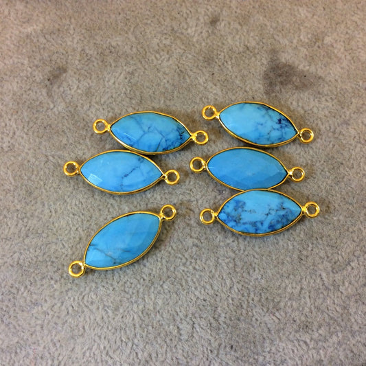 Gold Plated Faceted Stabilized Blue Howlite Marquise Shaped Bezel Connector/Link Component - Measuring 11mm x 22mm - Dyed Faux Turquoise