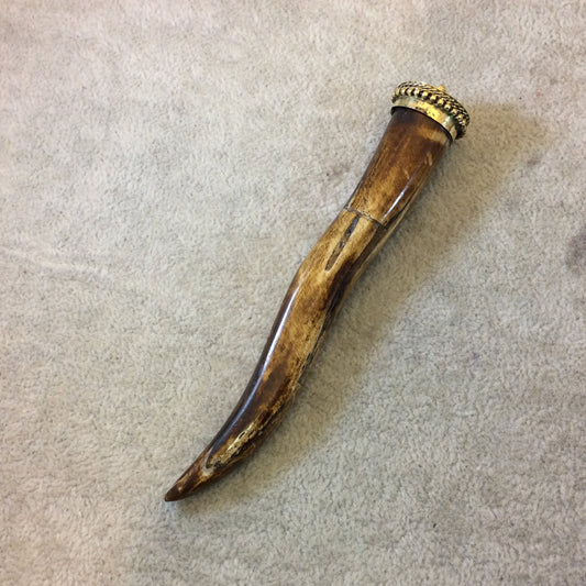 SALE - 4.5" Long Wavy Warm Brown Natural Ox Bone Tusk/Claw Shaped Pendant with Dotted Gold Cap - Measuring 17mm x 116mm - Sold Individually