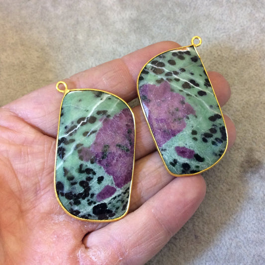 One Pair of OOAK Gold Finish Faceted Ruby In Fuchsite Freeform Shaped Bezel Pendant "RP2" - Measuring 27mm x 48mm - Natural Gemstone