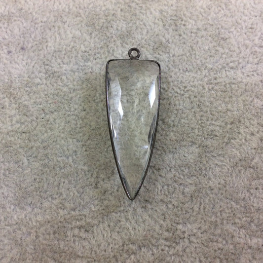 Gunmetal Plated Faceted Clear Hydro (Lab Created) Quartz Inverted Triangle Shaped Bezel Pendant - Measuring 15mm x 40mm - Sold Individually