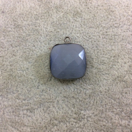 Gunmetal Plated Faceted Synthetic Gray Cat's Eye (Manmade Glass) Square Shaped Bezel Pendant - Measuring 18mm x 18mm - Sold Individually