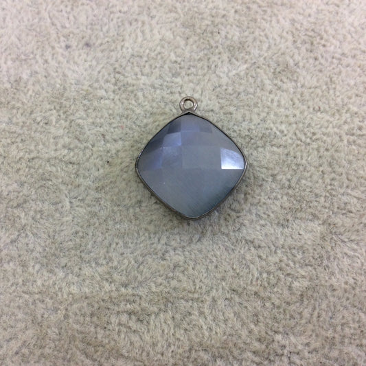Gunmetal Plated Faceted Synthetic Gray Cat's Eye (Manmade Glass) Diamond Shaped Bezel Pendant - Measuring 18mm x 18mm - Sold Individually