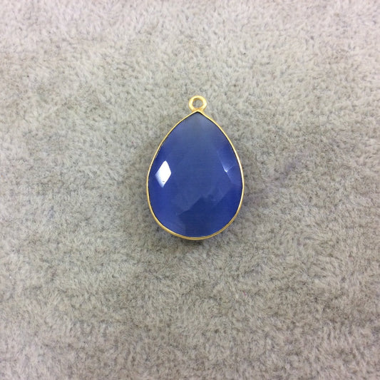 Gold Plated Faceted Synthetic Periwinkle Cat's Eye (Manmade Glass) Teardrop Shaped Bezel Pendant - Measuring 18mm x 24mm - Sold Individual