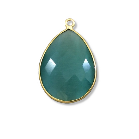 Gold Plated Faceted Synthetic Seafoam Green Cat's Eye (Manmade Glass) Teardrop Shape Bezel Pendant - Measuring 18mm x 24mm - Sold Individual