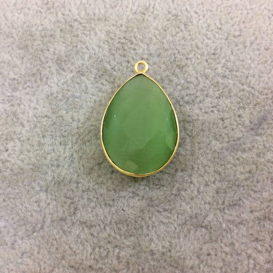Gold Plated Faceted Synthetic Light Green Cat's Eye (Manmade Glass) Teardrop Shaped Bezel Pendant - Measuring 18mm x 24mm - Sold Individual