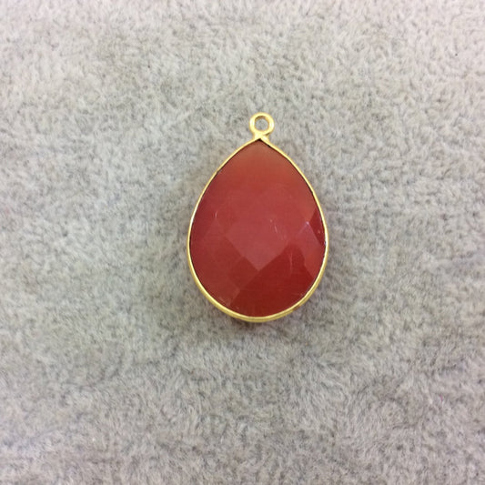 Gold Plated Faceted Synthetic Red/Orange Cat's Eye (Manmade Glass) Teardrop Shaped Bezel Pendant - Measures 18mm x 24mm - Sold Individually
