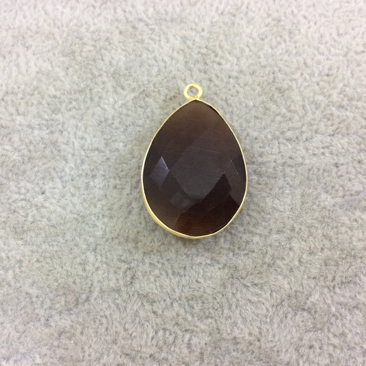 Gold Plated Faceted Synthetic Chocolate Cat's Eye (Manmade Glass) Teardrop Shaped Bezel Pendant - Measuring 18mm x 24mm - Sold Individual
