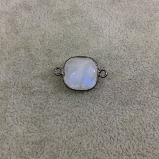 Gunmetal Plated Faceted Natural Iridescent Moonstone Square Shaped Bezel Connector - Measuring 14mm x 14mm - Sold Individually