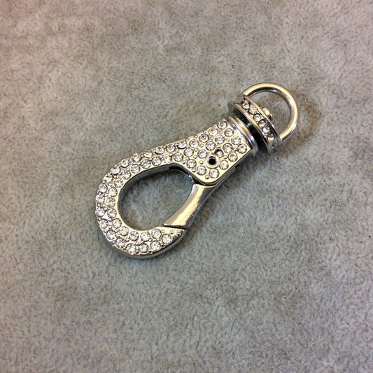Large Silver Plated Rhinestone Encrusted/Inlaid Lobster Claw Shaped Copper Clasp Components - Measuring 27mm x 63mm - Sold Individually