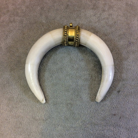 3.25" White/Ivory Pointed Double Ended Crescent Shaped Natural Ox Bone Pendant with Fancy Gold Bail - Measuring 83mm x 74mm - (TR086-WH)
