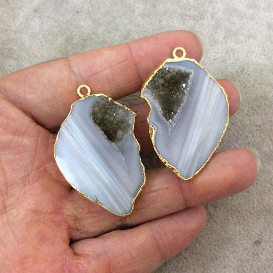 Pair of OOAK Gold Electroplated Natural Druzy Agate Geode Half Freeform Shaped Pendants - Measuring 29mm x 41mm - Unique, As Pictured