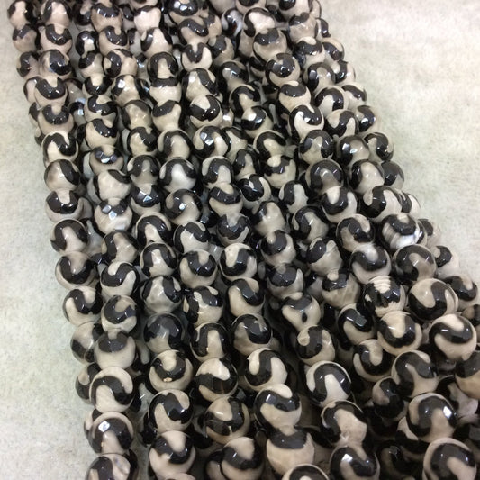 8mm Natural Wavy Black/White Tibetan Agate Faceted Round Shaped Beads with 1mm Holes - 15.5" Strand (Approx. 48 Beads) - Quality Stone