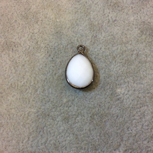 Gunmetal Plated Faceted White Hydro (Lab Created) Chalcedony Pear/Teardrop Shaped Bezel Pendant - Measuring 12mm x 16mm - Sold Individually