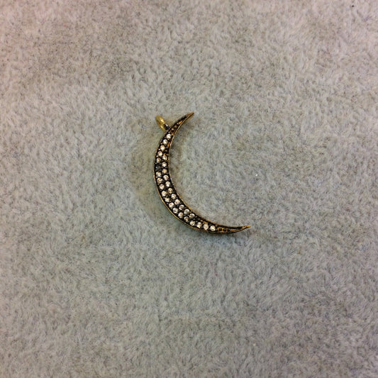 Small Oxidized Gold Crescent Moon Shape CZ Cubic Zirconia Inlaid Plated Copper Pendant Component - Measuring 3mm x 23mm - Sold Individually