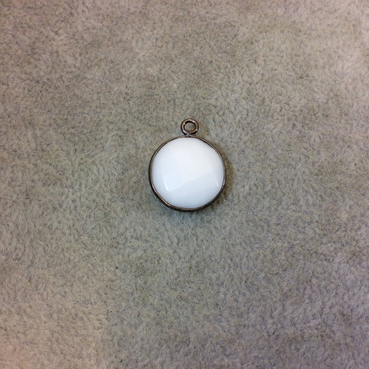 Gunmetal Plated Faceted White Hydro (Lab Created) Chalcedony Round/Coin Shaped Bezel Pendant - Measuring 15mm x 15mm - Sold Individually