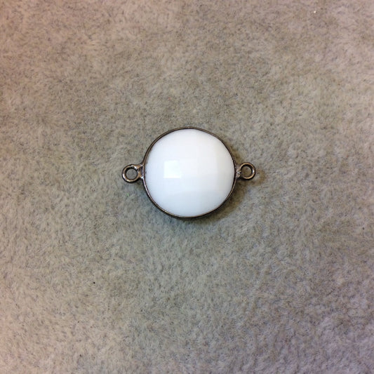 Gunmetal Plated Faceted White Hydro (Lab Created) Chalcedony Round/Coin Shaped Bezel Connector - Measuring 18mm x 18mm - Sold Individually