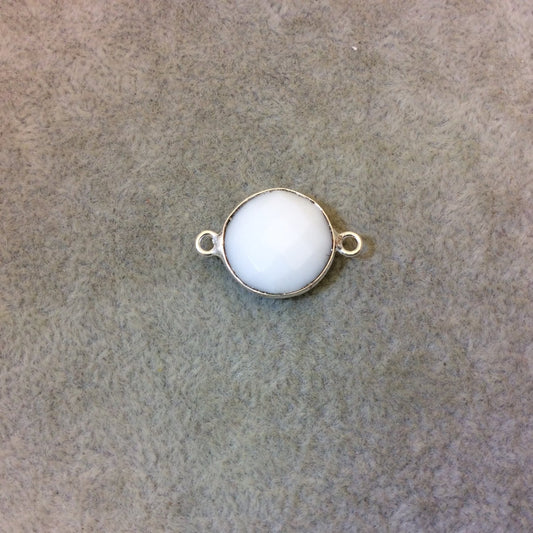 Silver Plated Faceted White Hydro (Lab Created) Chalcedony Round/Coin Shaped Bezel Connector - Measuring 15mm x 15mm - Sold Individually
