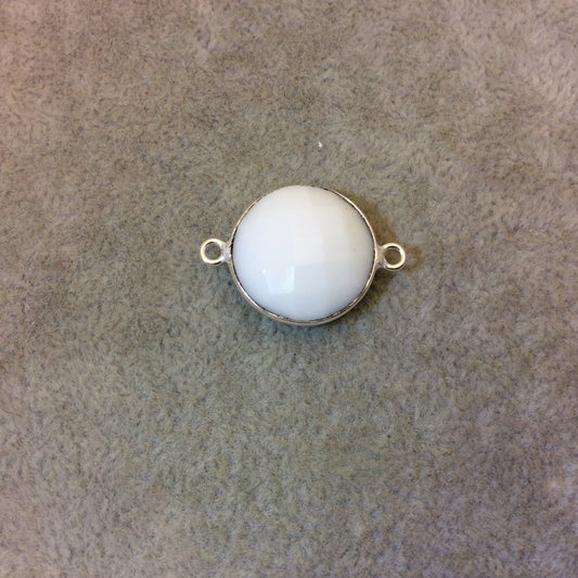 Silver Plated Faceted White Hydro (Lab Created) Chalcedony Round/Coin Shaped Bezel Connector - Measuring 18mm x 18mm - Sold Individually