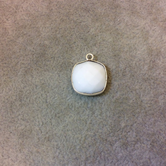 Silver Plated Faceted White Hydro (Lab Created) Chalcedony Square Shaped Bezel Pendant - Measuring 15mm x 15mm - Sold Individually