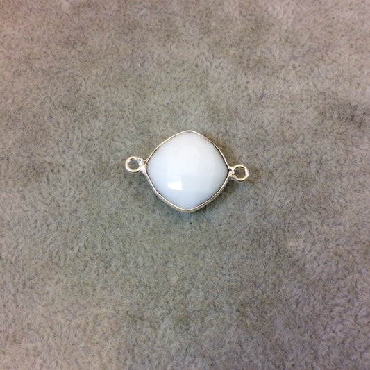 Silver Plated Faceted White Hydro (Lab Created) Chalcedony Diamond Shaped Bezel Connector - Measuring 15mm x 15mm - Sold Individually