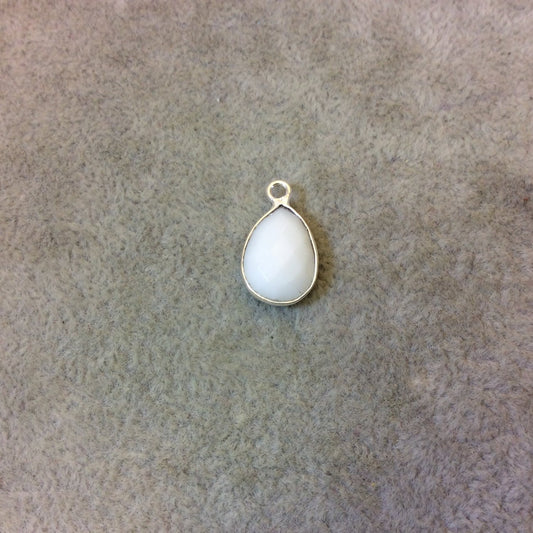 Silver Plated Faceted White Hydro (Lab Created) Chalcedony Pear/Teardrop Shaped Bezel Pendant - Measuring 10mm x 15mm - Sold Individually