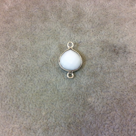 Silver Plated Faceted White Hydro (Lab Created) Chalcedony Heart/Teardrop Shaped Bezel Connector - Measuring 12mm x 12mm - Sold Individually