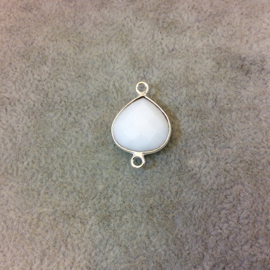 Silver Plated Faceted White Hydro (Lab Created) Chalcedony Heart/Teardrop Shaped Bezel Connector - Measuring 15mm x 15mm - Sold Individually