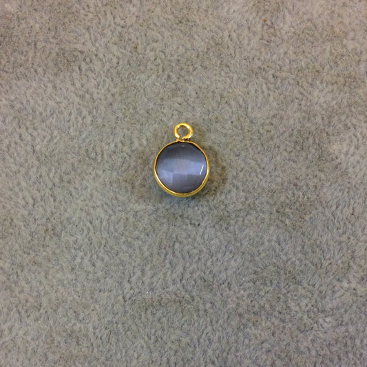Gold Plated Faceted Synthetic Gray Cat's Eye (Manmade Glass) Round/Coin Shaped Bezel Pendant - Measuring 10mm x 10mm - Sold Individually