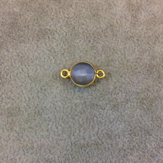 Gold Plated Faceted Synthetic Gray Cat's Eye (Manmade Glass) Round/Coin Shaped Bezel Connector - Measuring 10mm x 10mm - Sold Individually