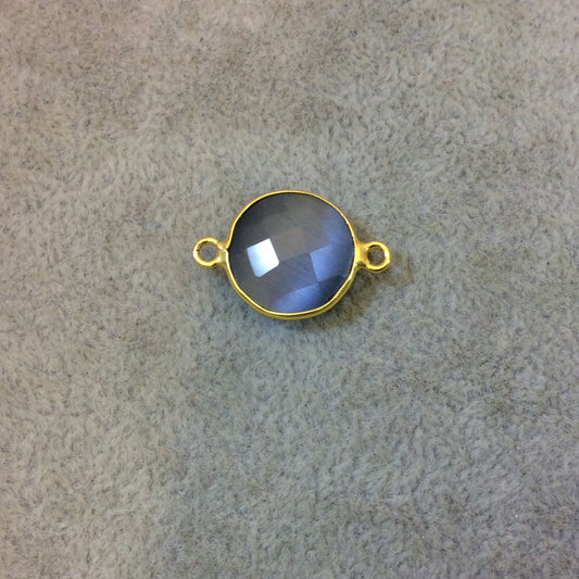 Gold Plated Faceted Synthetic Gray Cat's Eye (Manmade Glass) Round/Coin Shaped Bezel Connector - Measuring 15mm x 15mm - Sold Individually