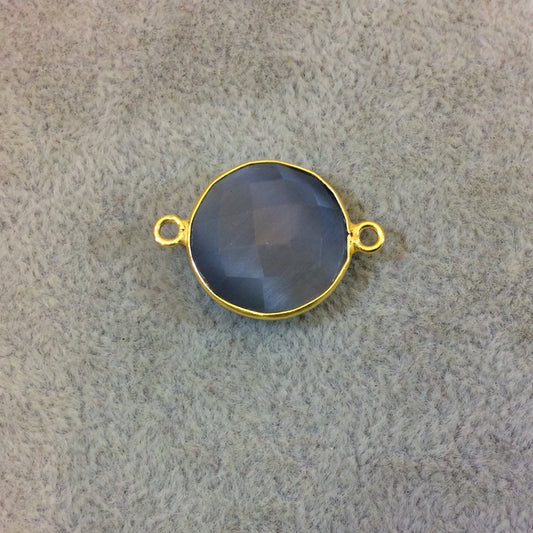 Gold Plated Faceted Synthetic Gray Cat's Eye (Manmade Glass) Round/Coin Shaped Bezel Connector - Measuring 18mm x 18mm - Sold Individually