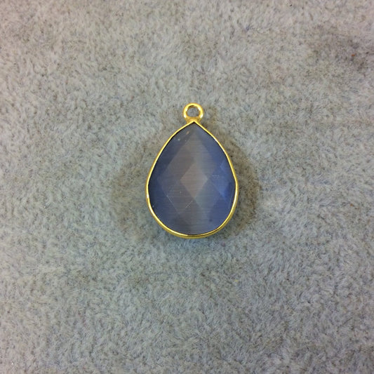 Gold Plated Faceted Synthetic Gray Cat's Eye (Manmade Glass) Pear/Teardrop Shaped Bezel Pendant - Measuring 15mm x 20mm - Sold Individually
