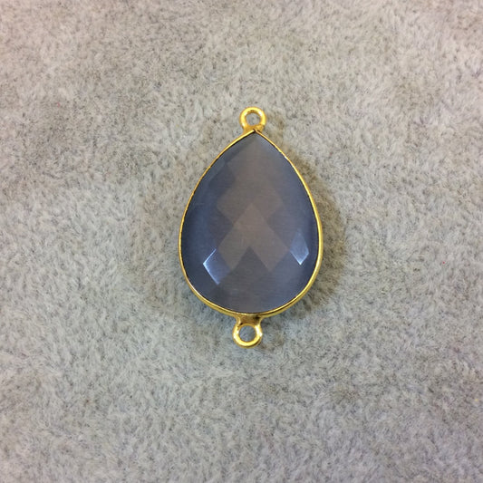 Gold Plated Faceted Synthetic Gray Cat's Eye (Manmade Glass) Pear/Teardrop Shape Bezel Connector - Measuring 18mm x 25mm - Sold Individually