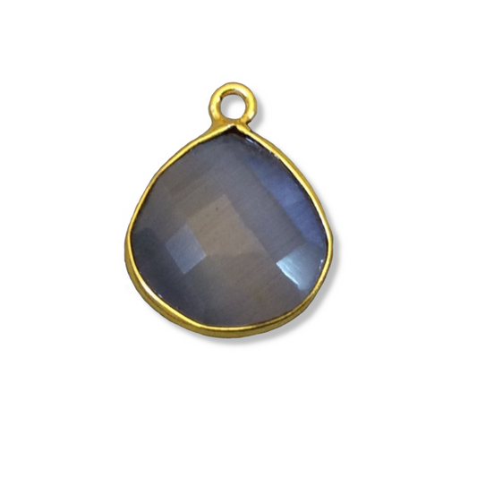 Gold Plated Faceted Synthetic Gray Cat's Eye (Manmade Glass) Heart/Teardrop Shaped Bezel Pendant - Measuring 15mm x 15mm - Sold Individually